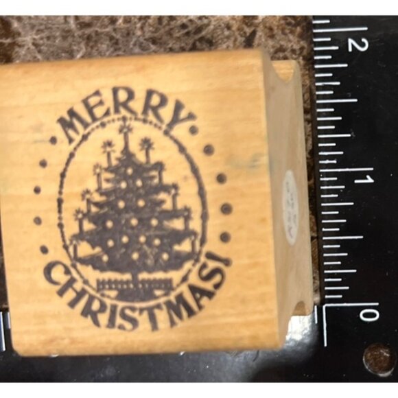 Vintage Wood Mounted Rubber Stamp Merry Christmas Tree Design Rubber Stampede - Picture 2 of 5